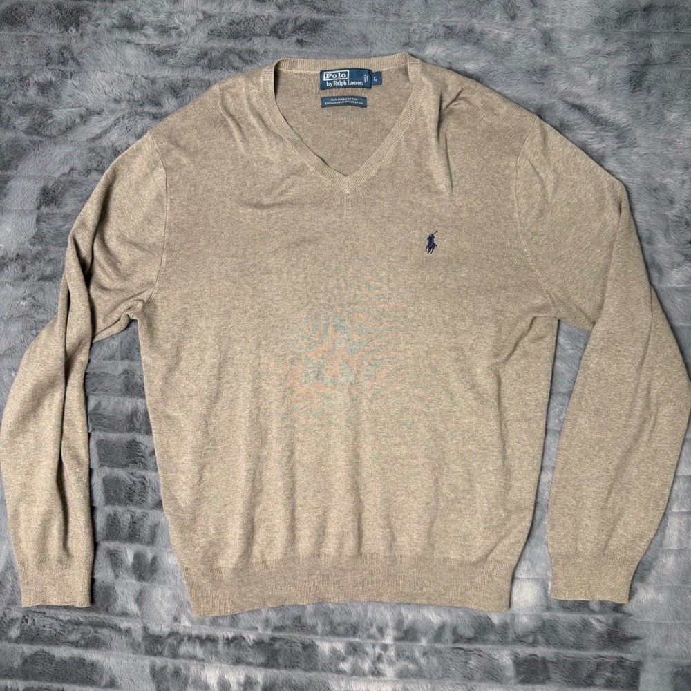 Polo Ralph Lauren Mens Large Tan Pima Cotton V-Neck Sweater Heather Brown L